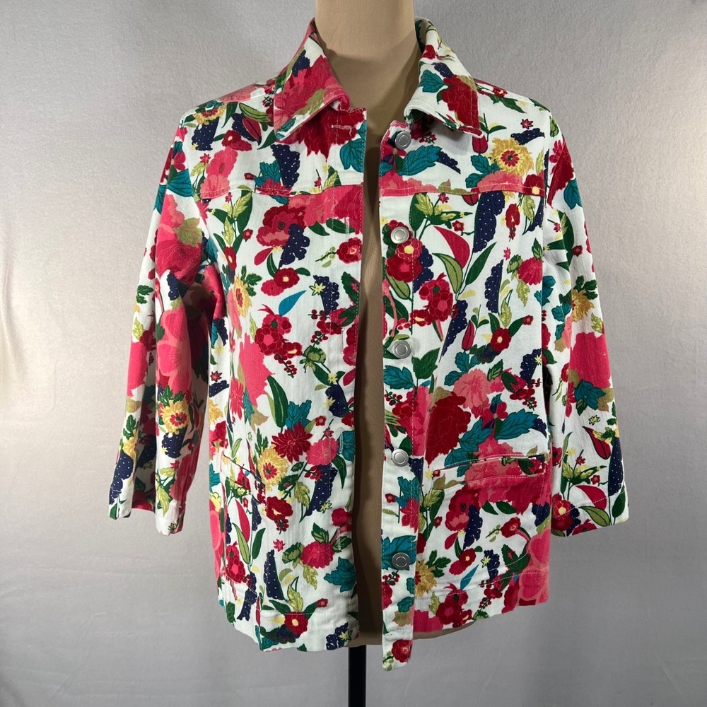 City Blues by Koret Vibrant Floral Print‎ Boxy Stretch Twill Jacket 3/4 Sleeve L